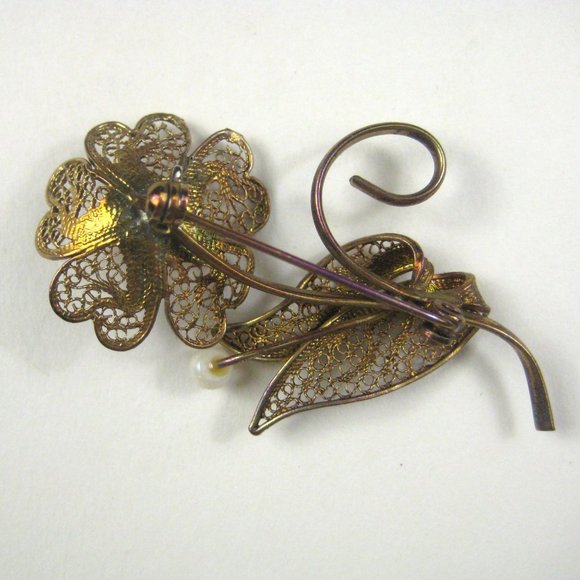 Flower Spray Brooch Pin Goldone Vintage 2.2 inch Estate Imitation Pearl Filigree - Picture 3 of 5